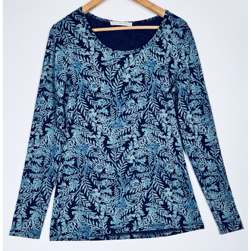 Peruvian Connection Top Womens Medium Blue Botanical Cotton Stretch Long Sleeve
